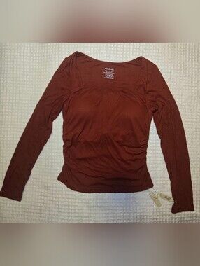 OGL Move Square Neck Ruched Sides Long Sleeve Top Shelf Bra Terracotta NWT